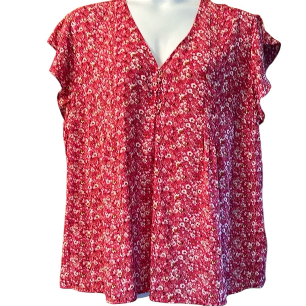 Cynthia Rowley Top Floral V-Neck Flutter Sleeve Pink Pleated Flowy Sz 1X